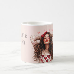 Bruinharig Meisje Rode Harten Valentijnsdag Liefde Koffiemok