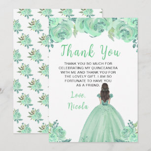 Bruinharige Prinses Mint Bloemachtige Quinceanera Bedankkaart