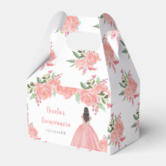 Bruinharige Prinses Roze Bloemachtige Quinceanera Bedankdoosjes