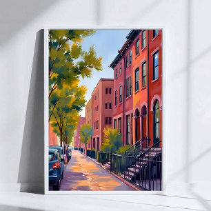Bruinstenen Stadstraat Boston Baksteen Waterverf Poster