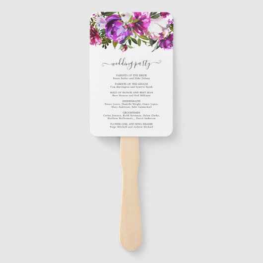 Bruisend Paars Bloemige Elegante Trouwprogramma Handwaaier (Achterkant)