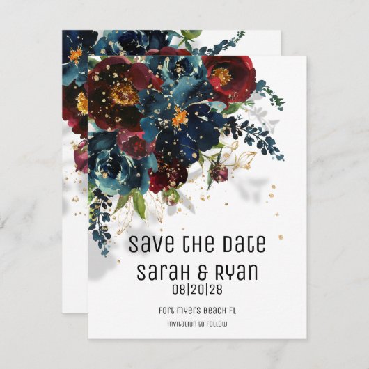 Bruisende Bourgondië Navy Trouw Save The Date Aankondiging (Voorkant / Achterkant)