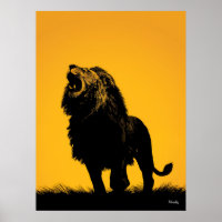 Brullende Leeuw Poster – Zwarte Silhouet op Geel
