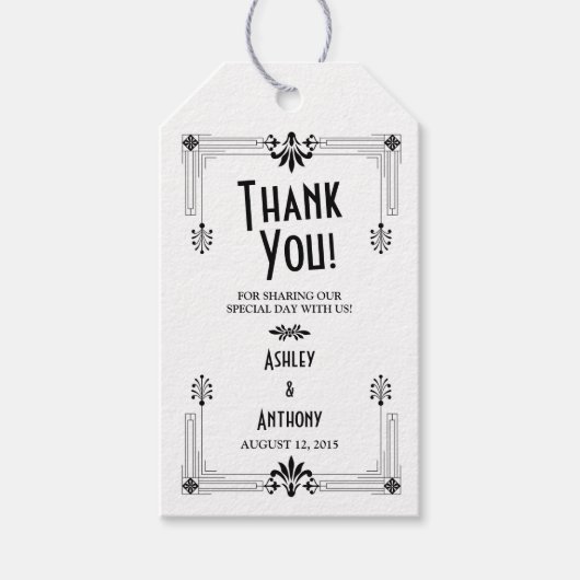 brullende twintigers art deco bruiloft cadeaulabel (Voorkant)