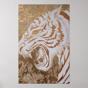 Brullende Witte Tijger Poster – Sierlijk Goud Desi