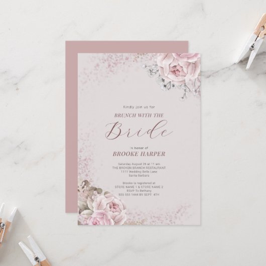 Brunch avec la mariée Blush Floral Invitation (Devant/Arrière en situation)