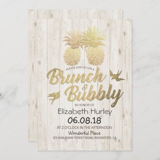 Brunch & Bubble Vrijgezellenfeest Gold Pineapples Kaart (Voorkant / Achterkant)