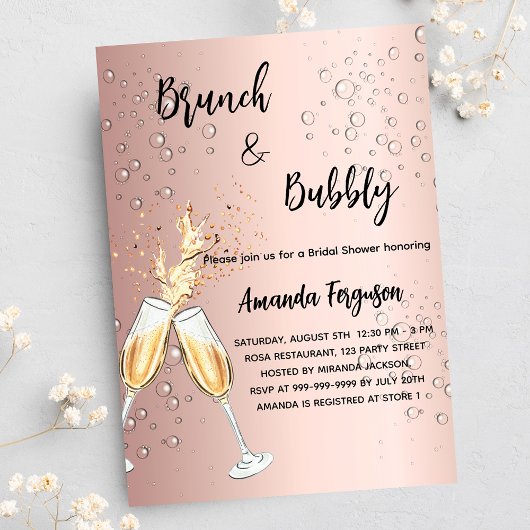 Brunch Bubble Vrijgezellenfeest roos goudbellen Uitnodiging Briefkaart