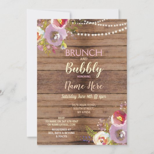 Brunch & Bubble Vrijgezellenfeest Wood Rustic Invi Kaart (Voorkant)