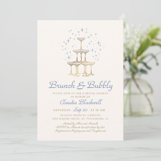 Brunch Bubbly Blue Bridal Shower Invitation (Debout devant)