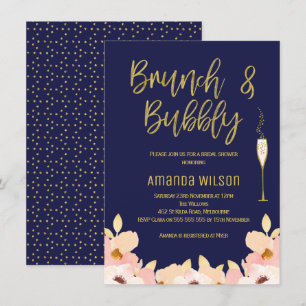 Brunch Bubbly Blue Gold Bridal Shower Invitation