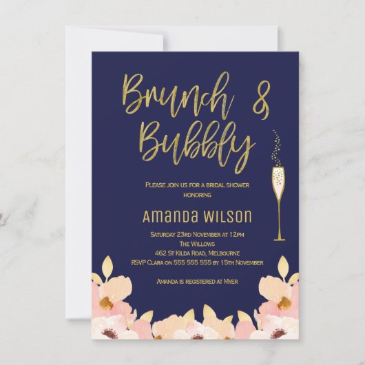 Brunch Bubbly Blue Gold Bruids Douche Uitnodiging (Voorkant)