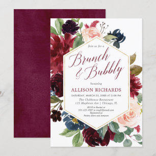 Brunch bubbly blush bogundy navy floral bridal kaart