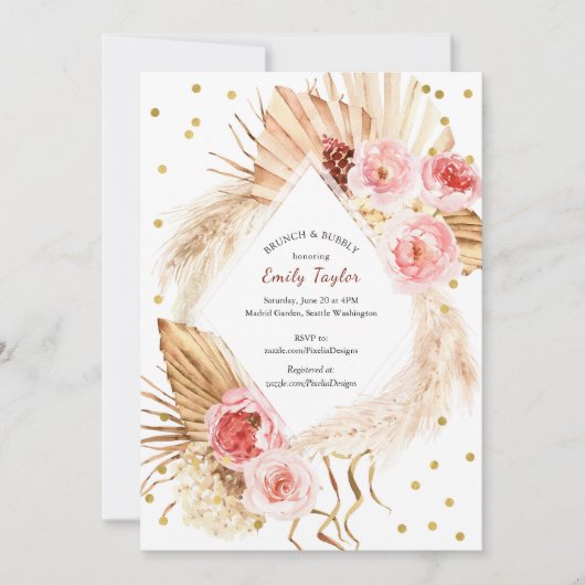 Brunch & Bubbly Boho Pampas Blush Roze Bloemen Kaart (Voorkant)