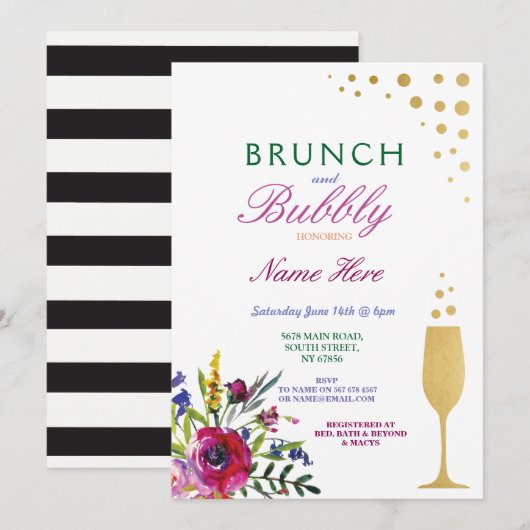 Brunch & Bubbly Fête des mariées Invitation floral (Devant / Derrière)