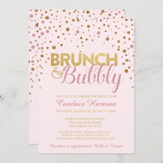 Brunch & Bubbly Glitter Bruids Douche Uitnodiging (Voorkant / Achterkant)