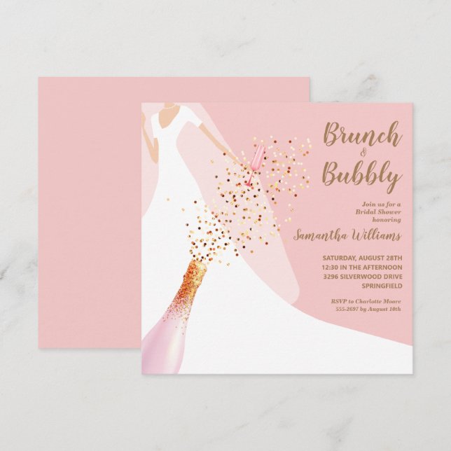 Brunch Bubbly Roos Quartz Bridal Shower Invitation (Voorkant / Achterkant)
