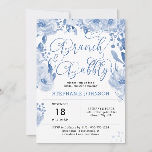 Brunch & Bubbly Stoffig Blauw Bloemen Vrijgezellen Kaart (Voorkant)