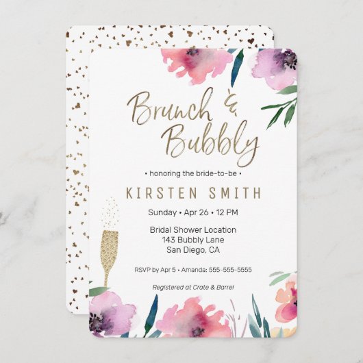 Brunch & Bubbly Watercolor Bloem Bruidsfeest Kaart (Voorkant / Achterkant)