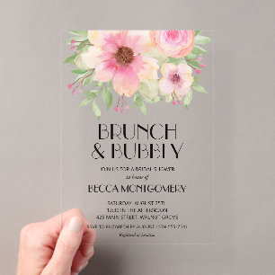 Brunch en bubbels roze bloemige bruidsdouche acryl uitnodigingen