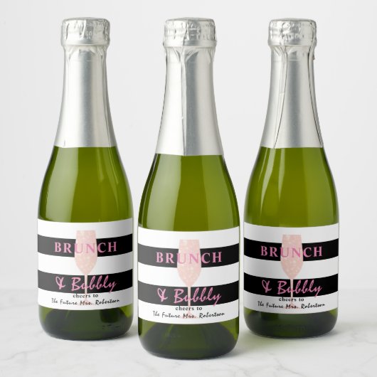 Brunch en Bubble Black en white Stripe | Roze Sparkling Wijnetiket (Flessen)