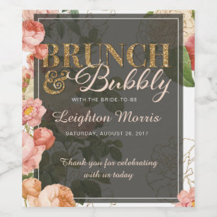 Brunch en Bubble Bloemen Witte Douche Wijn Etiket