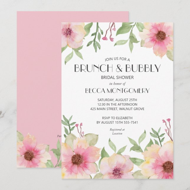 Brunch en Bubble Blush Pink Floral Invites (Voorkant / Achterkant)