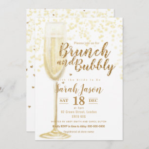 Brunch en Bubble champagne glass glitter Gold Inv Kaart