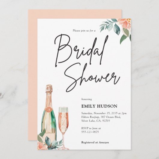 Brunch en Bubble Elegante Bridal Shower Uitnodigin Kaart (Voorkant / Achterkant)