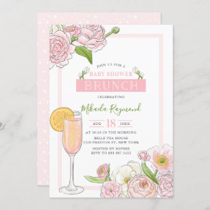 Brunch en Bubble Roze Floral Baby shower Brunch Kaart