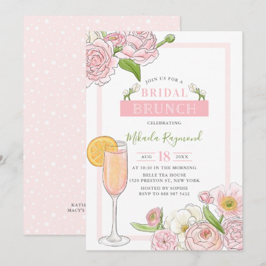 Brunch en Bubble | Roze Floral Bridal Brunch Kaart (Voorkant / Achterkant)