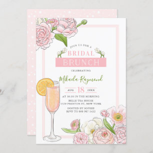 Brunch en Bubble Roze Floral Bridal Brunch Kaart