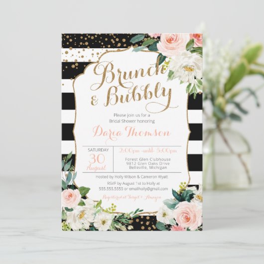 Brunch en Bubble Stripe Blush Floral Vrijgezellenf Kaart (Staand voorkant)