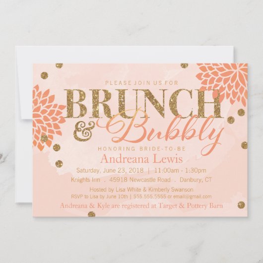 Brunch en Bubbly Glitter Waterverf Douche Uitnodig Kaart (Voorkant)