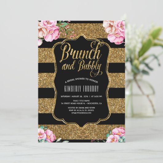 Brunch en Bubbly Gold Floral Vrijgezellenfeest Kaart (Staand voorkant)