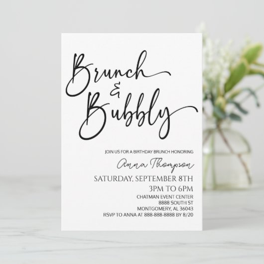 Brunch en Bubbly Minimale Verjaardag Brunch Party Kaart (Staand voorkant)