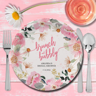 Brunch en Bubbly Pink Floral Vrijgezellenfeest Papieren Bordje
