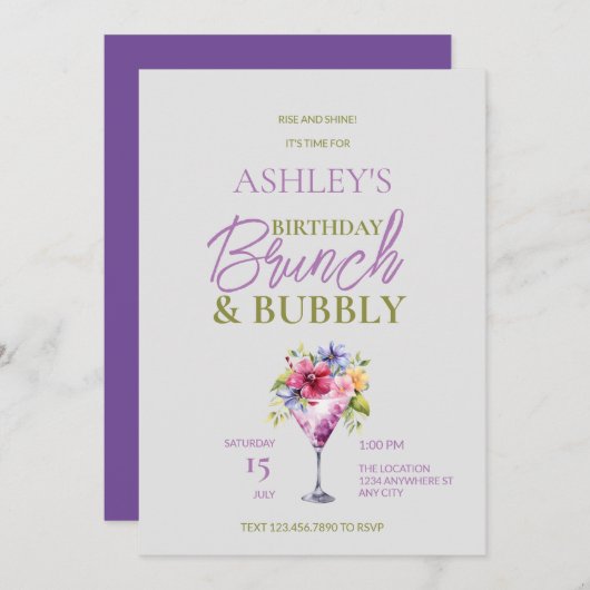 Brunch en Bubbly Verjaardag Uitnodiging (Voorkant / Achterkant)