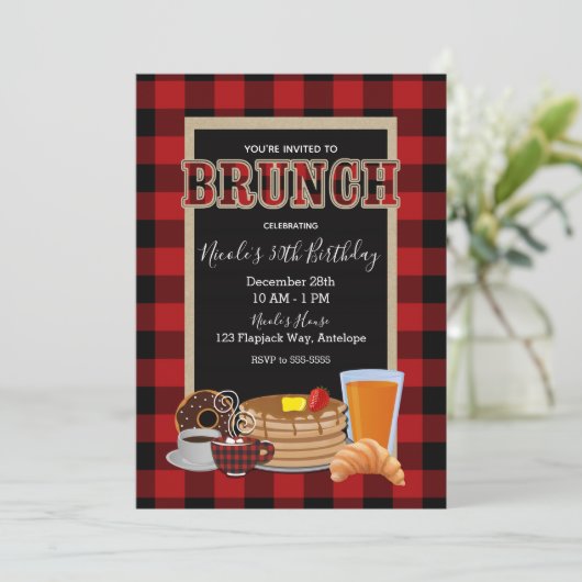 Brunch Ontbijt Rustiek Rood Zwart Buffalo Plaid Kaart (Staand voorkant)