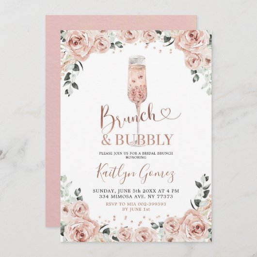 Brunch rose et Bubbly Invitation (Devant / Derrière)