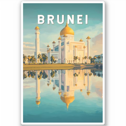 Brunei Illustration Travel Art Vintage Sticker (Voorkant)