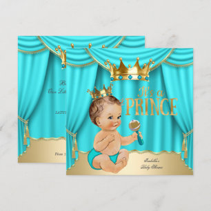 Brunette Baby shower Prince Aqua Blue Gold Crown Kaart