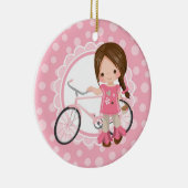 Brunette Bicycle Girl - Roze White Keramisch Ornament (Rechts)