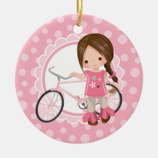 Brunette Bicycle Girl - Roze White Keramisch Ornament