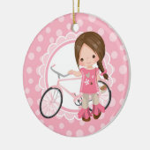 Brunette Bicycle Girl - Roze White Keramisch Ornament (Links)
