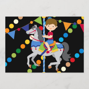 Brunette Boy Carousel Birthday 5x7 Uitnodiging