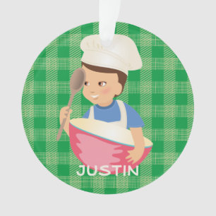 Brunette boy chef pet mixing bowl gepersonaliseerd ornament