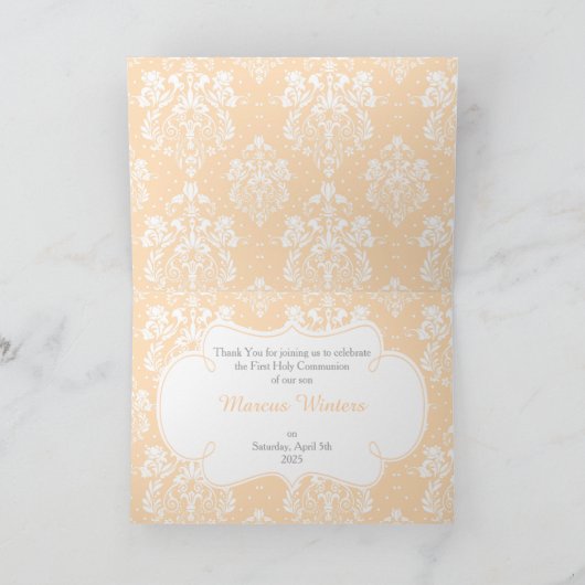 Brunette Boy First Communion Damask "Bedankt" Bedankkaart (Binnen)