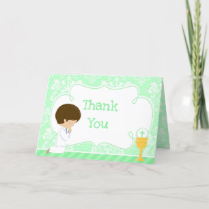 Brunette Boy First Communion Damask "Bedankt" Bedankkaart