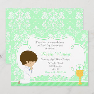 Brunette Boy First Communion Damask Kaart